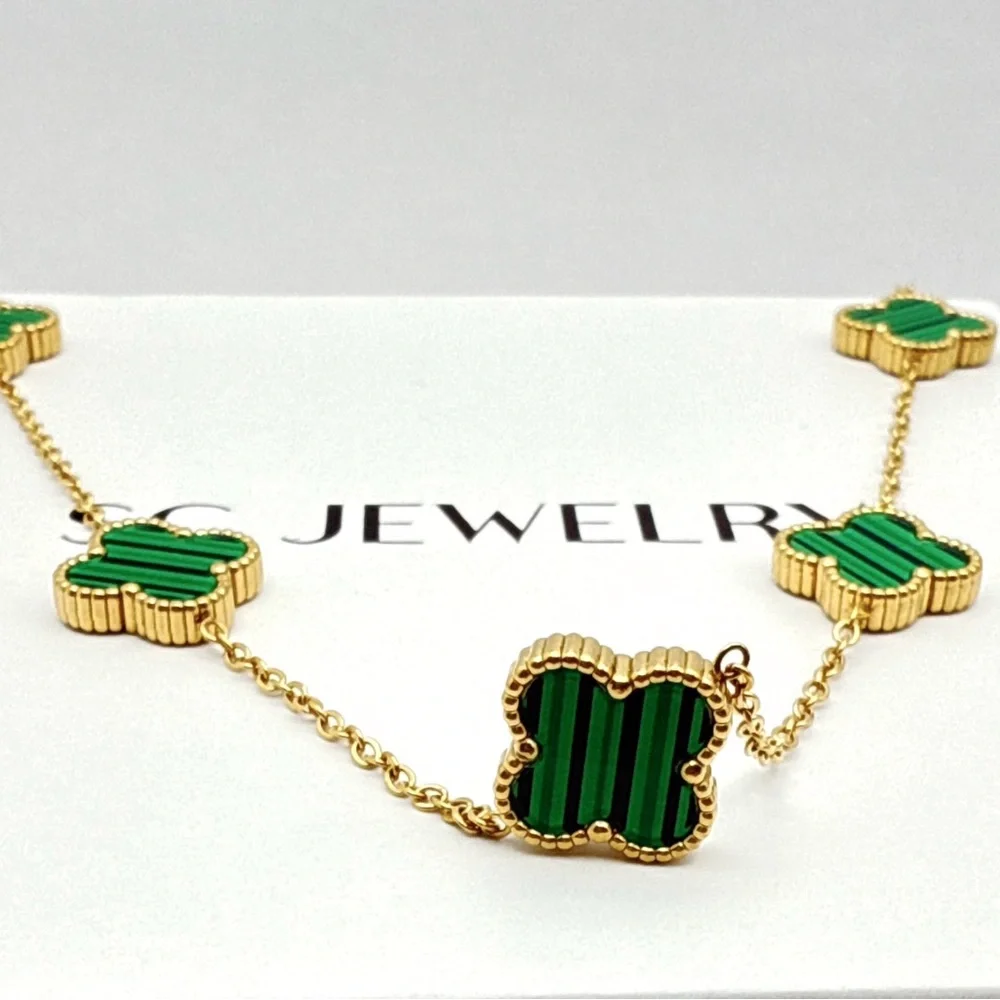Malachite Clover Necklace Double Sided Stainless Steel 5 Clover